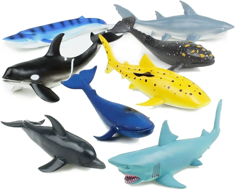 Boley Great Sea Creatures 8-Pack: 7-10" Soft Plastic Ocean Animal Figurines - Realistic Shark, Whale, Dolphin Toys - Educational & Sensory Playset for Kids, Party Favors, Classroom Supplies