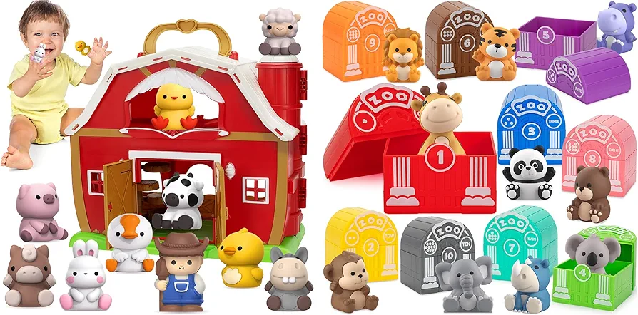 KMUYSL Big Red Barn Farm Animal Playset and 20 Pcs Safari Animals with Zoos Toy Set for Toddlers 12 Months+ Kids