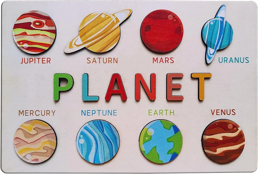 Wooden Puzzles Planets Jupiter Saturn Mars Uranus Mercury Earth Venus Neptune Blocks Creative Early Learning Jigsaw Toys Preschool Educational Puzzle Board 11.8 x 7.9 inch