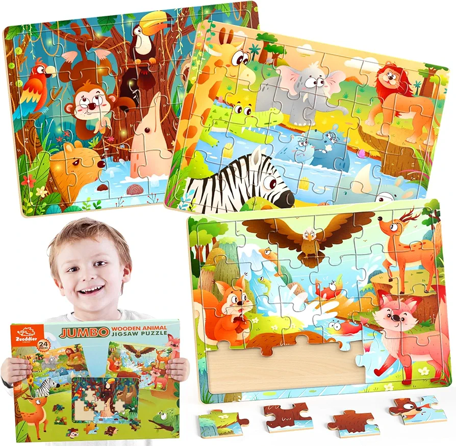 Jumbo Wooden Puzzles for Toddlers, 24 Pieces Animal Jigsaw Puzzles for Kids3-5, 3 PACK Preschool Learning Activities, Learning & Educational Toys, Gift for Boys, Girls