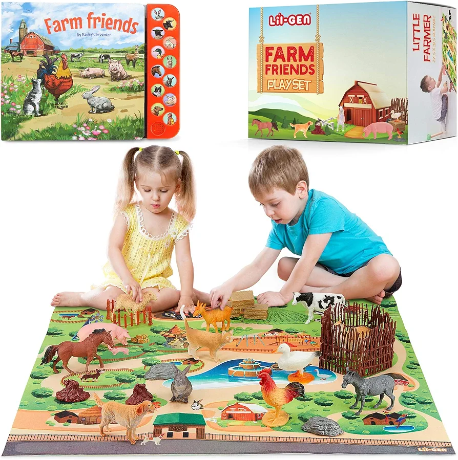 Lil-Gen Farm Animal Toys w/ Educational Animal Sound Book, 22pcs - 12 Small Animal Figurines, Farm Tractor Barn Animals & Plastic Fence, Toy Farm Animals for Children 3+, Farm Playset for Boys/Girls