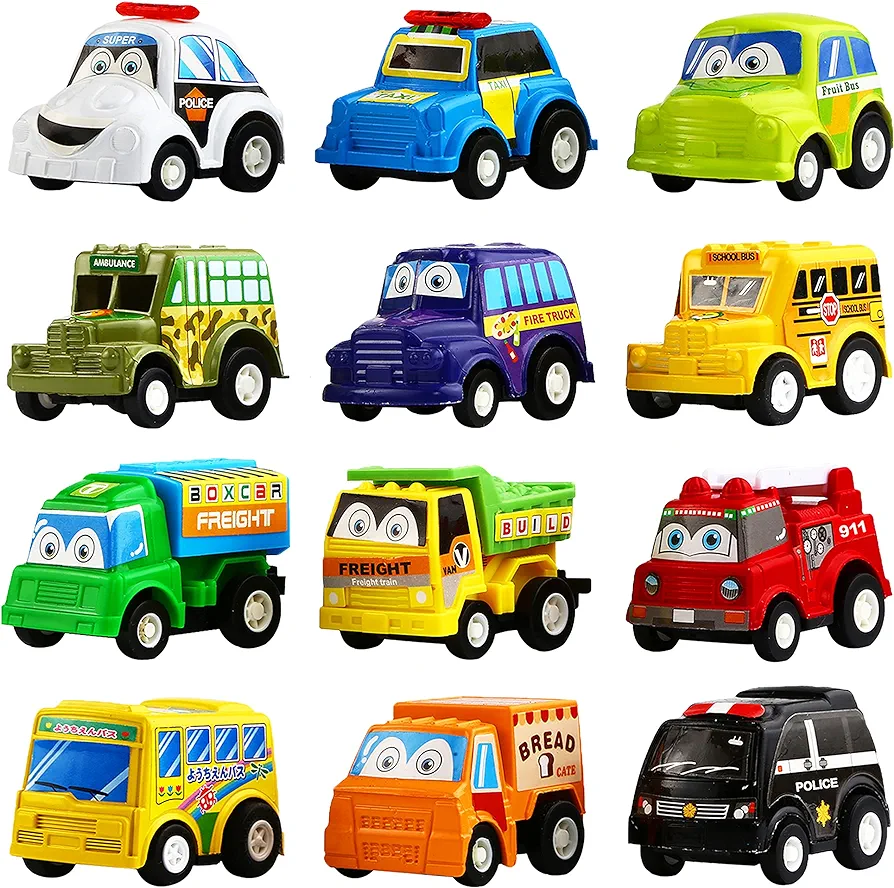 Pull Back Car, 12 Pack Assorted Mini Plastic Vehicle Set, Pull Back Truck and Car Toys for Boys Kids Toddler Party Favors,Die Cast Car Toy Play Set