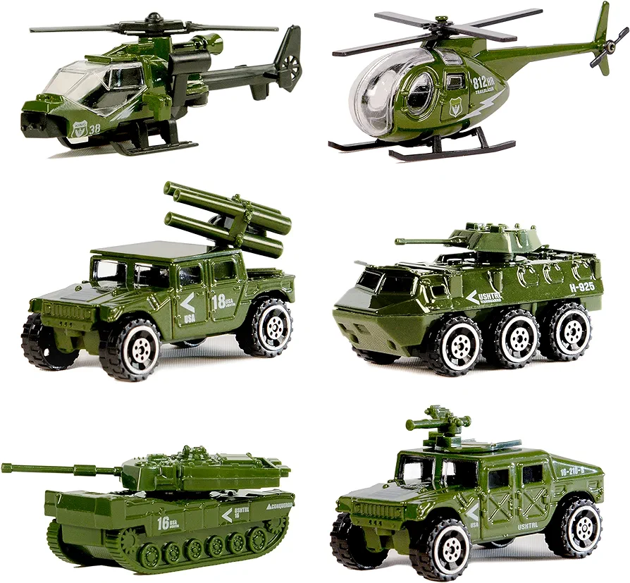 Die-cast Military Vehicles,6 Pack Assorted Alloy Metal Army Vehicle Models Car Toys,Mini Army Toy Tank,Jeep,Panzer,Anti-Air Vehicle,Helicopter Playset for Kids Toddlers Boys