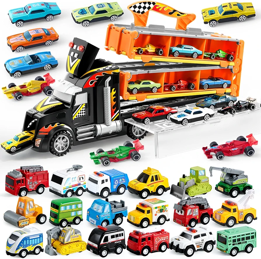 JOYIN 5-FT Race Track Carrier Truck Toys and 18 Pcs Pull Back City Cars and Trucks Toy Vehicles Set,Truck Toy Gift for 2 3 4 5 Years Old Boys and Girls