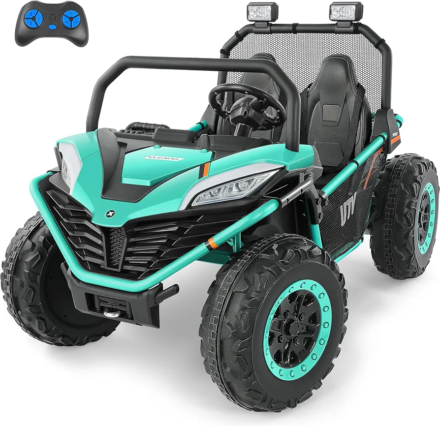 ELEMARA 2 Seater XL Ride on Car for Kids,12V Powered Electric Off-Road UTV Toy,4WD Electric Vehicle with Remote Control,LED Lights,Bluetooth Music,3 Speeds,Horn,2 Spring Suspension for Gift,Green