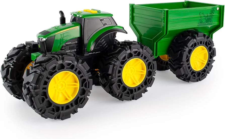 John Deere Monster Treads Tractor Toy with Wagon Toys with Lights and Sounds - Monster Truck Tires - Toddler Toys Ages 3 Years and Up,Red,Green