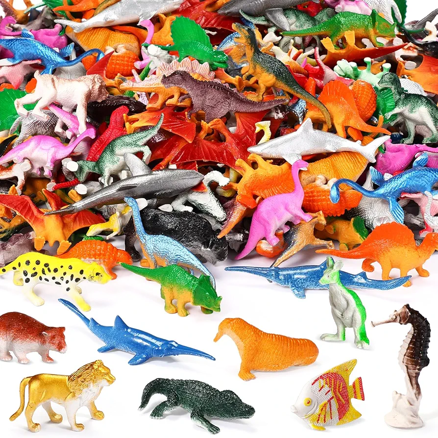 Threan 200 Pcs Assorted Animal Figure Mini Dinosaur Toy Jungle Animal Figure Ocean Sea Animal School Carnival Prize Goodie Bag Filler Valentine Gift Party Favor Cake Cupcake Topper for Girl Boy