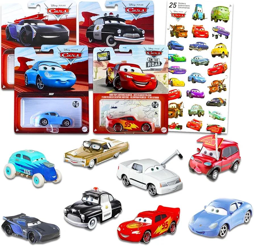 Disney Cars Toy Cars Set - 8 Pc Bundle with Lightning McQueen, Sally, Sheriff, and Jackson Storm Toy Cars Plus 4 Assorted Disney Cars Characters and Stickers | Disney Cars Toys for Kids