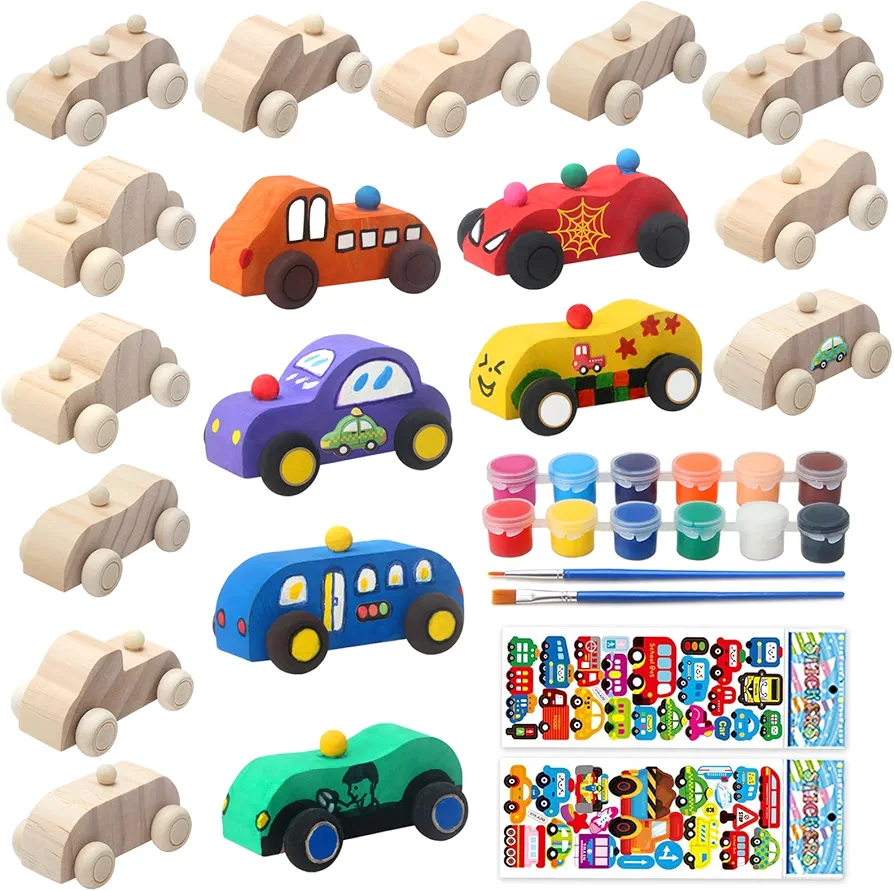 Wooden Cars,Come with 18 Pcs Unfinished Wooden Cars to Paint for Kids and 1set Paint Colors, 2 pcs Wooden Car Sticker