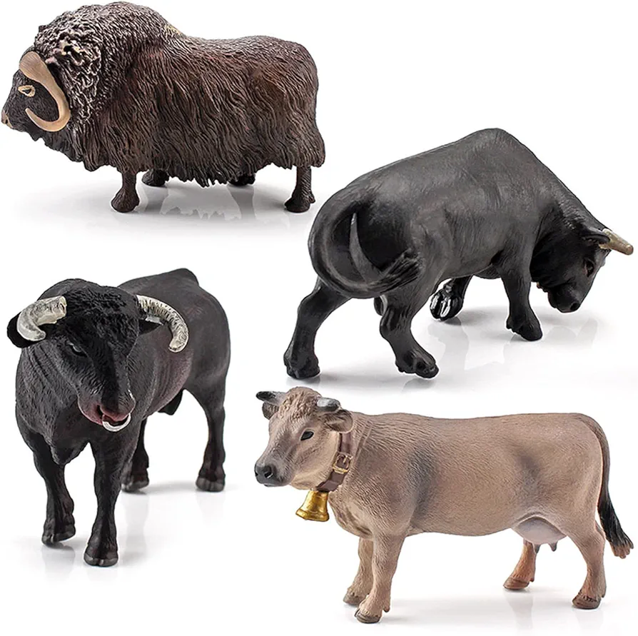 Bulls Toys Cows Figurines 4PCS Realistic Big Swiss Cow Figures Toys for Toddlers African Bull Musk Ox Cow Figures for Kids Birthday 3 4 5 6 Year Old