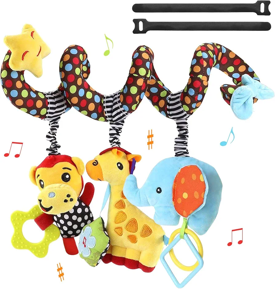 Car Seat Toys Baby Toys 0-3 Months Infant Toys, Newborn Toys Baby Spiral Stroller Toys, Baby Toys 0-6 Months for Crib Mobile Bassinet with Music Rattles Teether for 0 3 6 9 12 Boys Girls (2 Velcro)