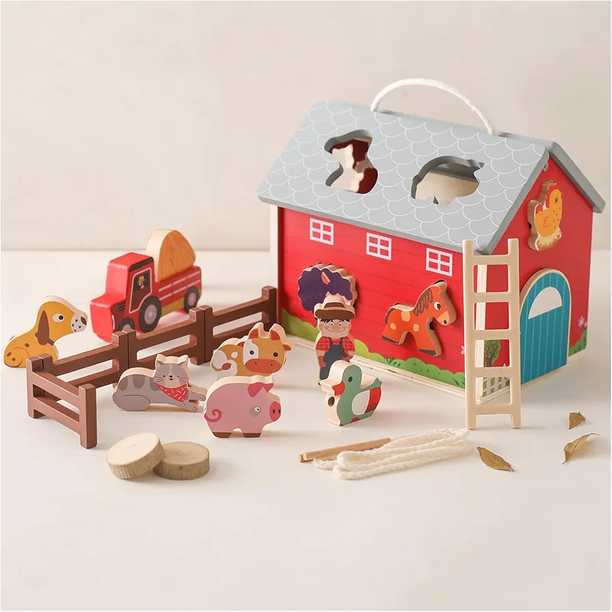 bopoobo Barn Toys Wooden Farm Animals Shape Sorting Stacking Toys, Red Barn Toys Little People Farm Animal Toys Barn Toy Farm Pretend Playset with Farmer, Birthday Gift for Toddler Baby Boys Girls