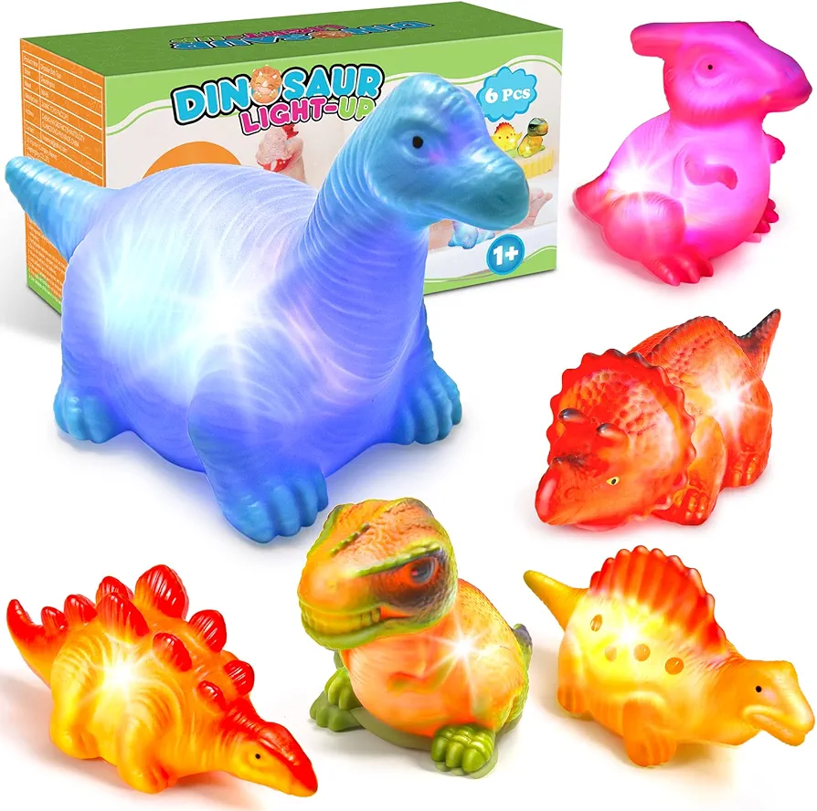 Baby Bath Toys for Toddlers 1-5, 6 Packs Light Up Floating Dinosaur Toys for Kids 1-5 Year Olds Boys Girls Birthday for Babies Age 1-5 Sensory Toys Preschool Bathtub Pool Shower Games