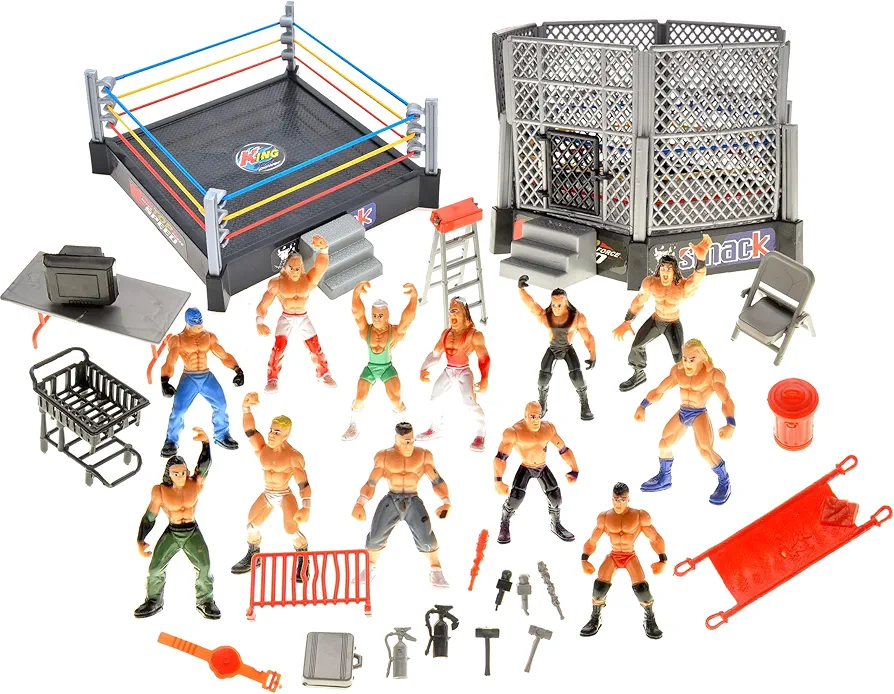 PowerTRC 32 Pieces Wrestling Toys, Wrestler Play Set with 2 Wrestle Rings (Hexagon & Square), 12 Wrestlers, 18 Accessories, Toy Figures Cake Topper Birthday Party Decoration Gift Toy for Kids