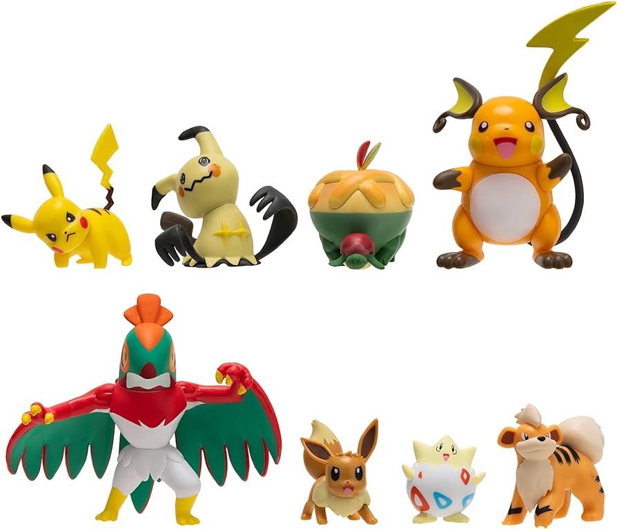 Pokémon Battle Figure 8 Pack - Features 2-Inch Pikachu, Eevee, Appletun, Growlithe, Mimikyu, Togepi, 3-Inch Raichu & Hawlucha - Authentic Details