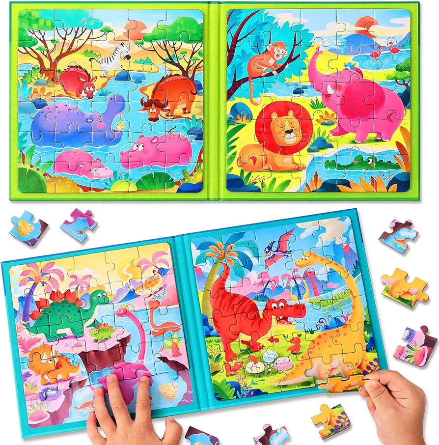 Magnetic Puzzles for Kids Ages 3-5, Two-Book Set, Dinosaur Animal Jigsaw Puzzle Magnet Books Travel Games Montessori Preschool Learning Activities Toddler Toys for 3 4 5 6 Year Old Boys Girls