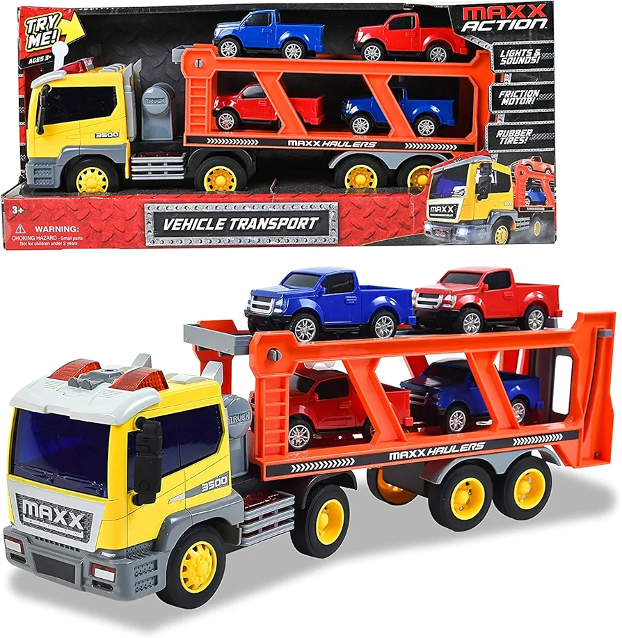 Sunny Days Entertainment Maxx Action 17’’ Vehicle Transport with 4 Diecast Trucks – Bright Lights and Car Sounds | Friction Powered Trailer | 6 Piece Toy Playset for Kids