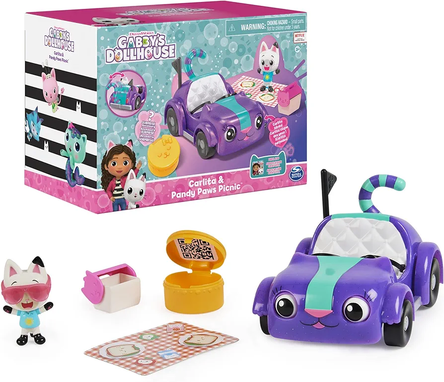 Gabby's Dollhouse, Carlita Toy Car with Pandy Paws Collectible Figure and 2 Accessories, Kids Toys for Ages 3 and up