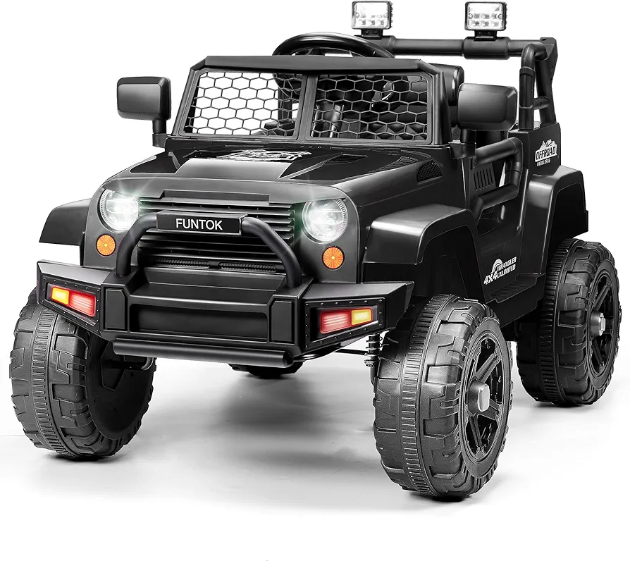 12V Kids Ride On Car Jeep with Remote Control, LED Lights, Horn, Radio, USB/AUX MP3 Music Play, Opening Doors & Spring Suspension, Electric Car Truck Vehicles for Kids Toddlers, Black