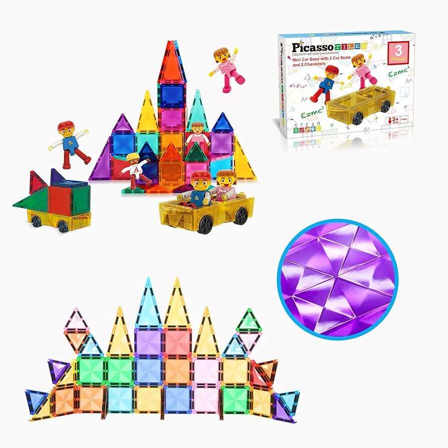 PicassoTiles 40PC Magnetic Mini Diamond Building Tiles + Mini Tiles Expansion Car Truck with 2 Action Figures, Travel Size On-The-Go STEAM Learning Playset, Pretend Play Toy for Boys and Girls