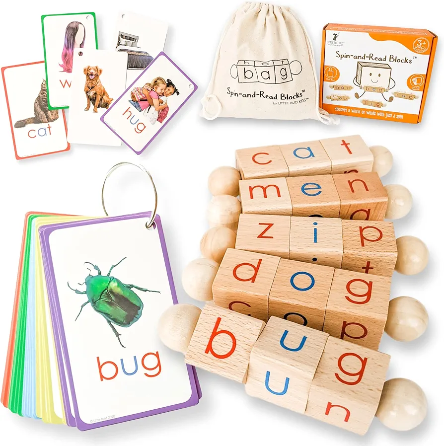 LITTLE BUD KIDS Spin-and-Read Montessori Phonetic Reading Blocks with CVC Phonics Flashcards for Beginner Readers, Montessori Reading Wooden Toys for 3 years +