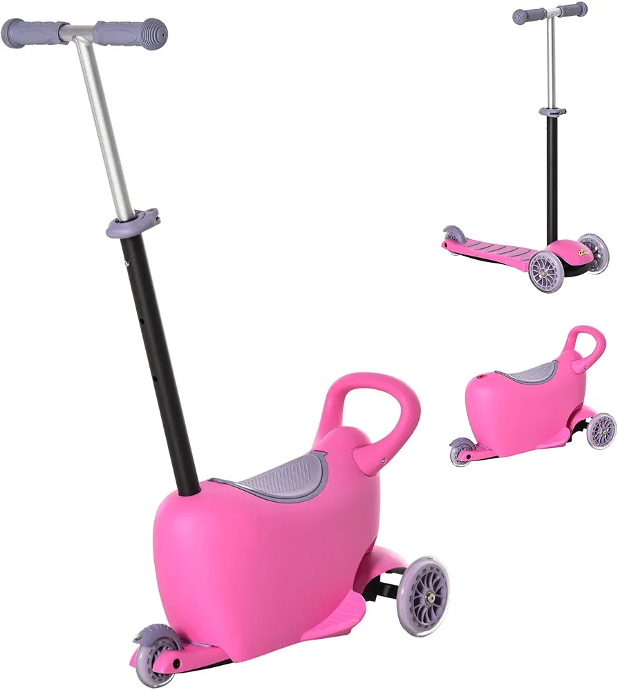 Qaba 3-in-1 Ride On Push Car, Kids Scooter, Sliding Walker, Push Rider, with Adjustable Handlebar, 3 Balanced Wheels, Removable Storage Seat, for Boys and Girls Aged 2-6 Years Olds, Pink