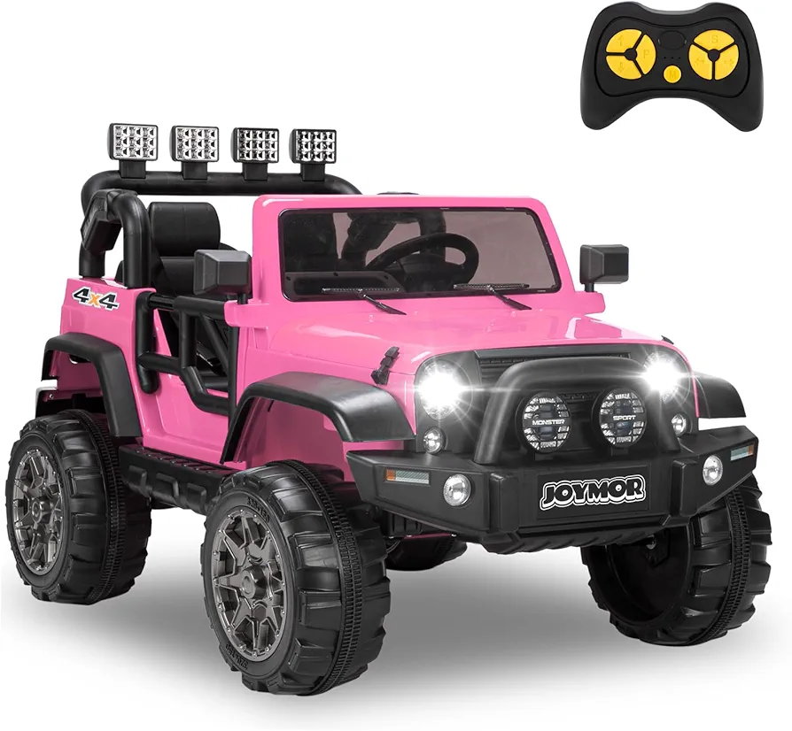 JOYMOR 12V Ride on Truck, Wider Two Seat Kids Electric Battery Powered Car w/ 2.4G Remote Control, Motorized Toddler Vehicles Truck Toy, Adjustable Speeds, MP3 Player, LED, Horn (Pink)