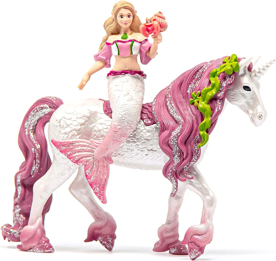 Schleich Bayala Mermaid Feya Riding Underwater Unicorn, 3-Piece Playset - Glittery Undersea Princess Doll and Unicorn Poseable Figurines with Accessories for Girls and Boys, Gift for Kids Ages 5+