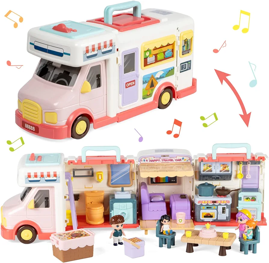 Doll House Toys for Girls 3 4 5 6 7 8+ Year Old, Transformable Dream Camper House with Little People, Pretend Play RV Set Dollhouse Inertia Vehicle with Sound and Music for Birthday Gifts 3+