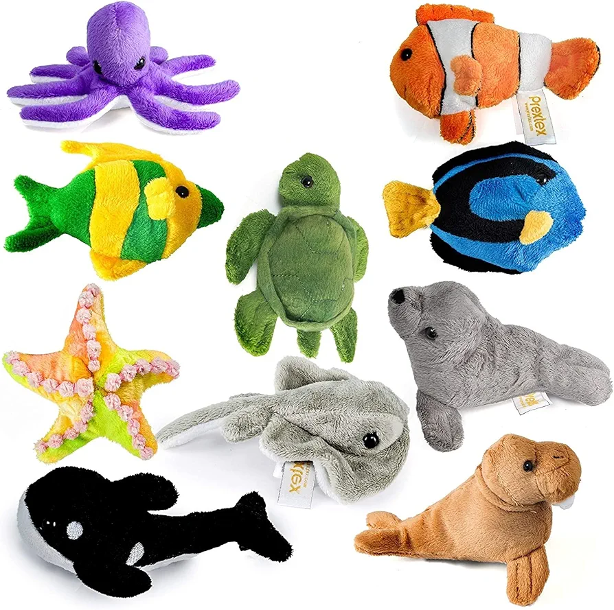 PREXTEX 10 Piece Plush Soft Stuffed Sea Animals - Small Stuffed Animals Bulk - Playset Plush Sea Life Assortment, Turtle, Stingray, Nemo Fish, Killer Whale and More - Bulk Stuffed Animals