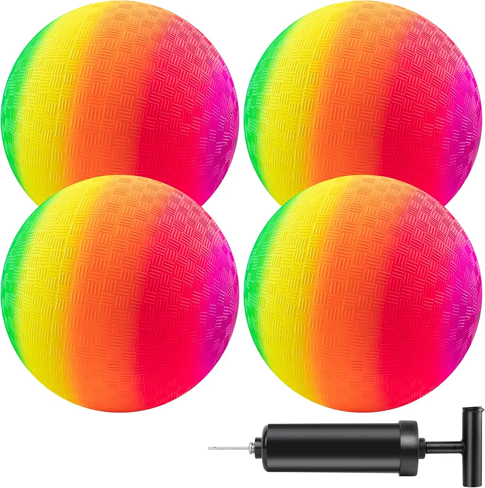 Playground Balls Kickballs 8.5 Inch, Rainbow Playground Ball Set for Kids and Adults, Dodgeball Kick Balls Handball for Indoor & Outdoor Schoolyard Games with Hand Pump(4 Pack)