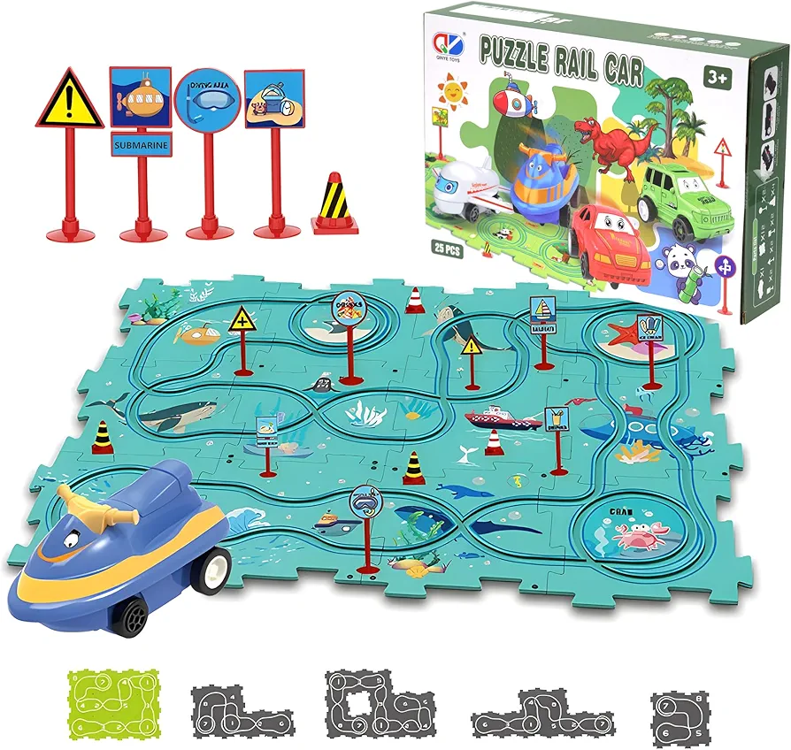 Puzzle Racer Kids Car Track Set, Car Track for Kids Toys Boys 3-5 with Floor Puzzles and Racer, Montessori Toys Preschool Gifts for 3 4 5 6 7 Year Old Boys Girls - Ocean