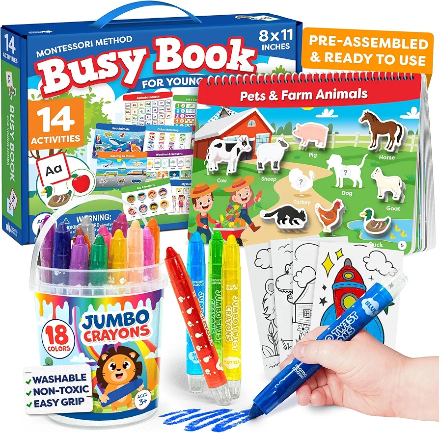 Montessori Busy Book For Toddlers Ages 3 and Up and 18pcs Large Twistable Toddler Crayons Non Toxic Washable With Coloring Sheets - Kindergarten Educational Toys For 3 Year Old - Toddler Art Supplies