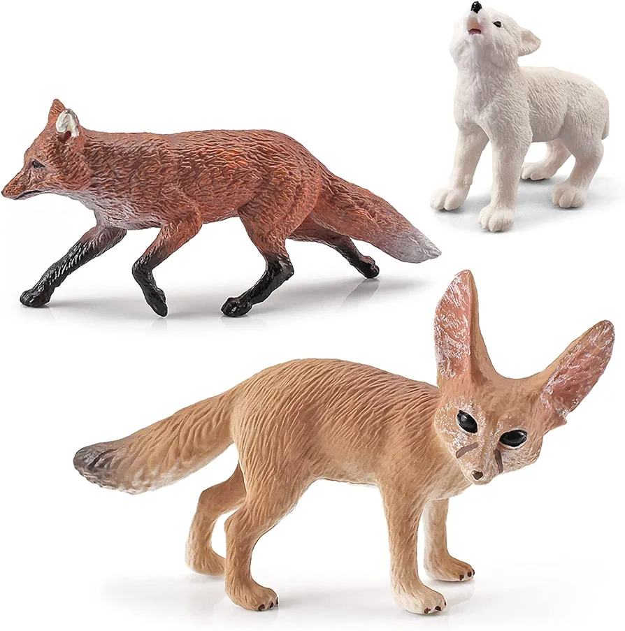 3PCS Desert Fox Figure Wolf Figurine Set Forest Woodland Animal Figurines Toys Set Plastic Animals Figure Gift for Kids Birthday 3 4 5 6 Year Old