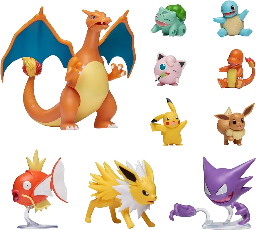 Pokémon Official Ultimate Battle Figure 10-Pack - 2" Pikachu, 2" Charmander, 2" Squirtle, 2" Bulbasaur, 2" Eevee, 2" Jigglypuff, 3" Magikarp, 3" Haunter, 3" Jolteon, 4.5” Charizard (Amazon Exclusive)