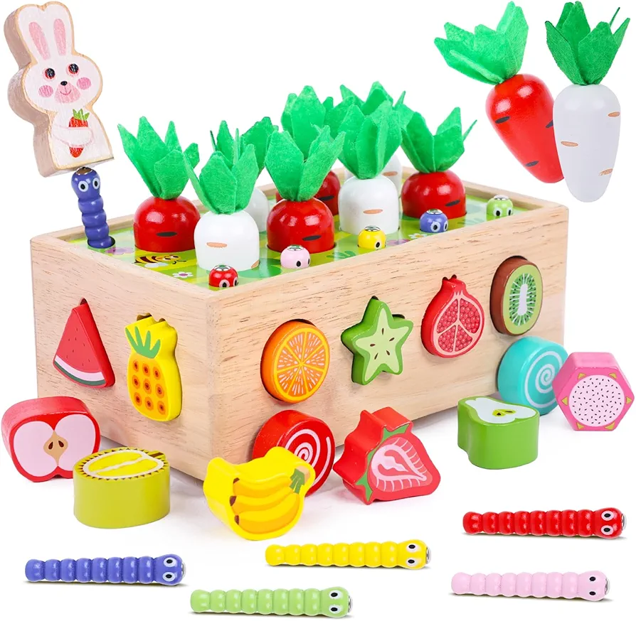 AMOR PRESENT Wooden Educational Toys, Shape Sorting Toys Montessori Toys for Kids，Carrot Harvest Game Educational Preschool Learning Fine Motor Skills Toys for Girls Boys Birthday Gifts