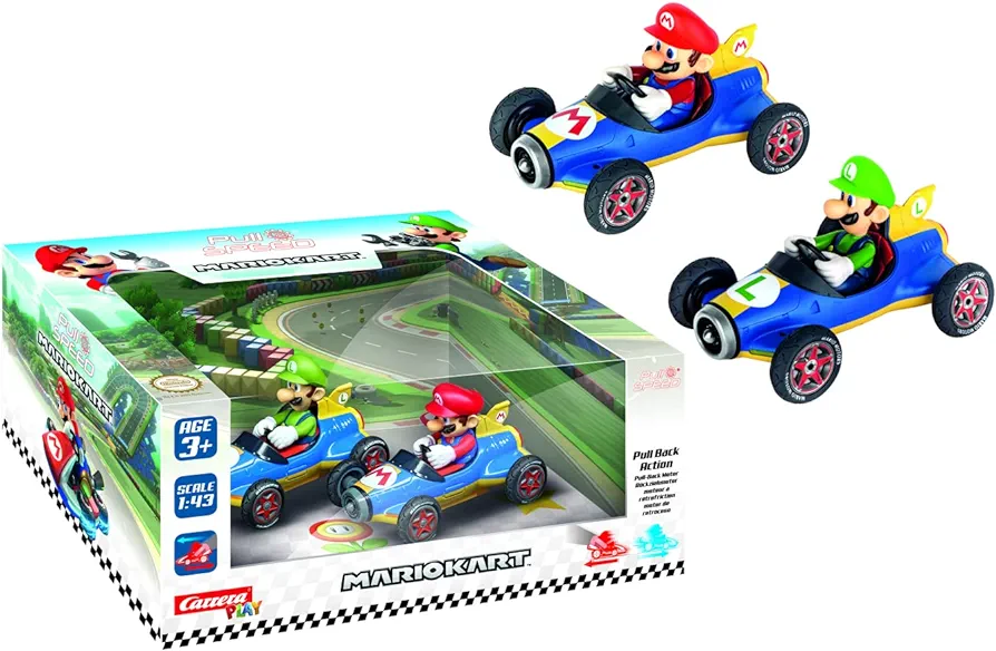 Carrera Pull & Speed 15813018 Official Licensed Kids Mario Kart Toy Car Pull Back Vehicle for Ages 3 and Up - Mach 8 Mario/Mach 8 Luigi