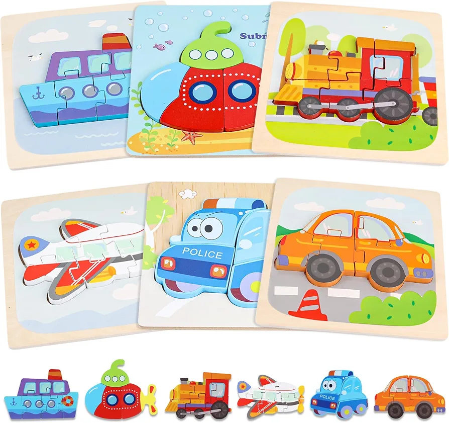 LovesTown 6PCS Wooden Toddler Puzzles, Wooden Vehicle Puzzles Montessori Jigsaw Puzzles Preschool Toy Gift for Kids Educational Toys