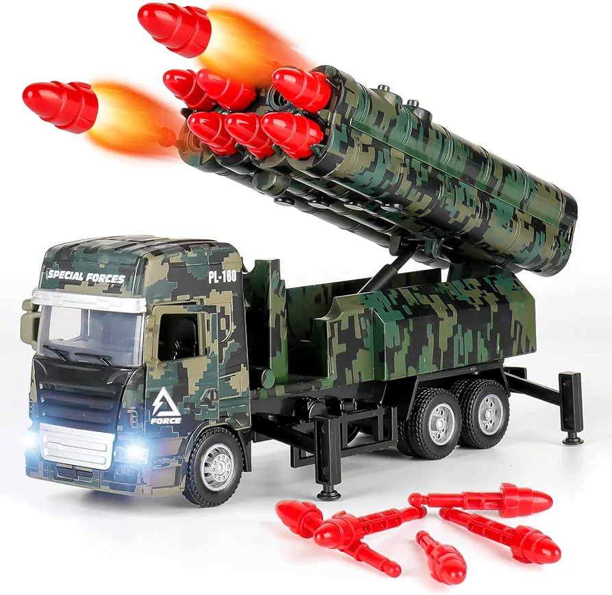 Army Toys for Boys, Military Truck with 8 Missiles, Army Truck with Light & Sounds, Die-cast Military Vehicle, Military Toys Gift for 3 4 5 6 Year Old Boys