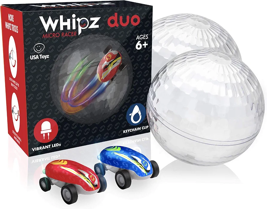 USA Toyz Whipz Duo Micro Racers Toy Cars for Kids - 2pk Mini Keychain Cars, Glow in The Dark LED Fast Pocket Racers Fidget Toys, 2 Mini Cars with 2 Racing Stunt Balls, 2 Clips, and 2 USB Chargers