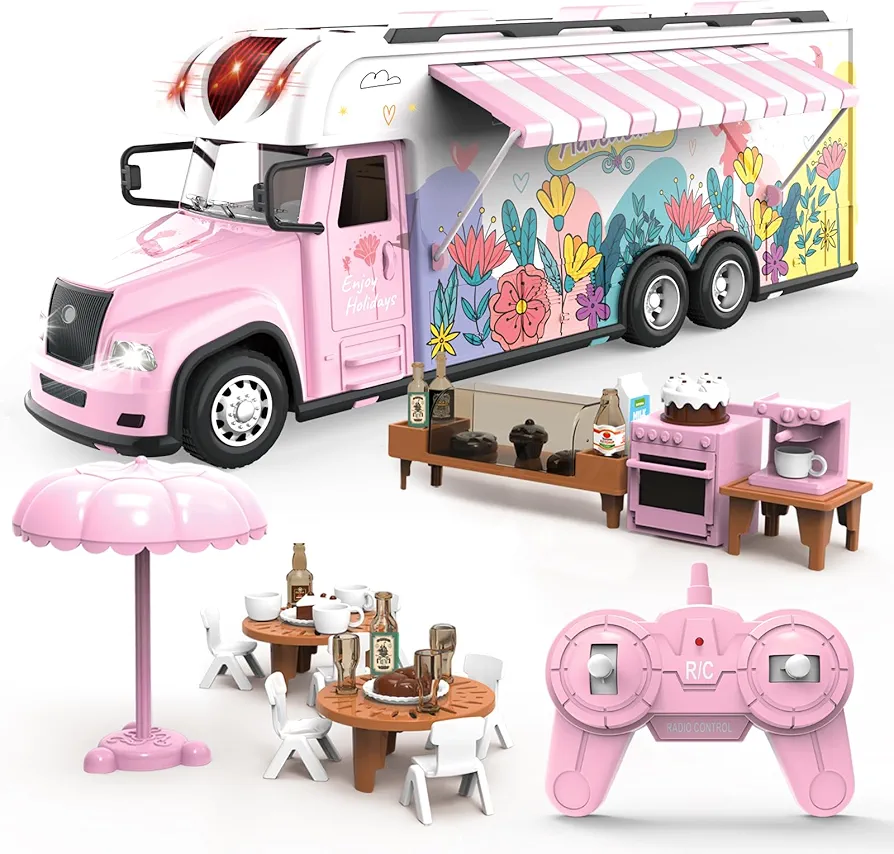 Remote Control Car for 4 5 6 Year Girls Birthday Xmas Gifts, Pink RC Camping Car Toys for Kids with Light & Sound, Remote Control Food Truck, Creative Camper Toys with Mini Furnitures