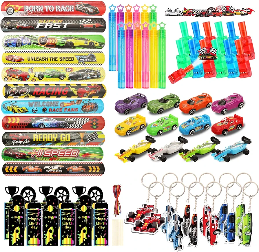 108PCS Race Car Party Favors Birthday Party Supplies includes Pull Back Car Finger Light Scratch Art Bookmark Slap Bracelet Race Car Themed Decorations Treasure Prize Box Toys for Boys Girls