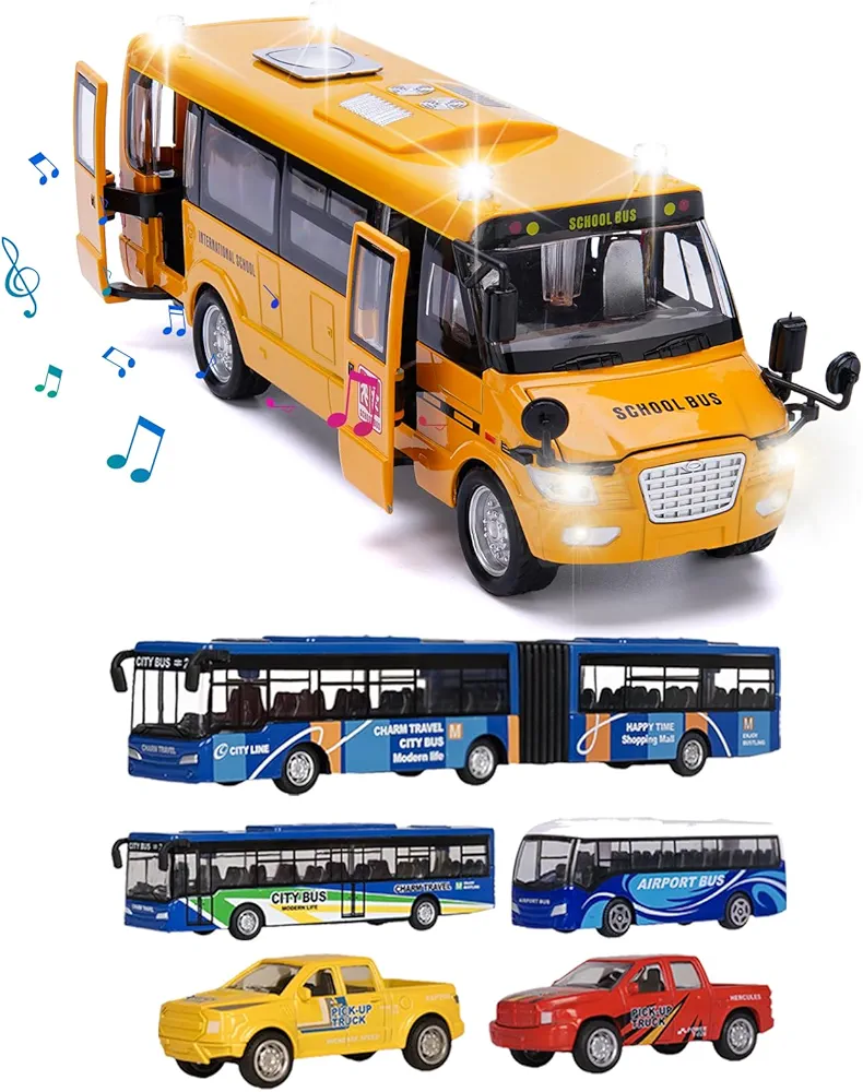 School Bus Toy with Light and Sound & 5 Pack City Buses Model Mini Cars Play Vehicles Pickup Truck for Boys Kids Toddlers Ages 3+