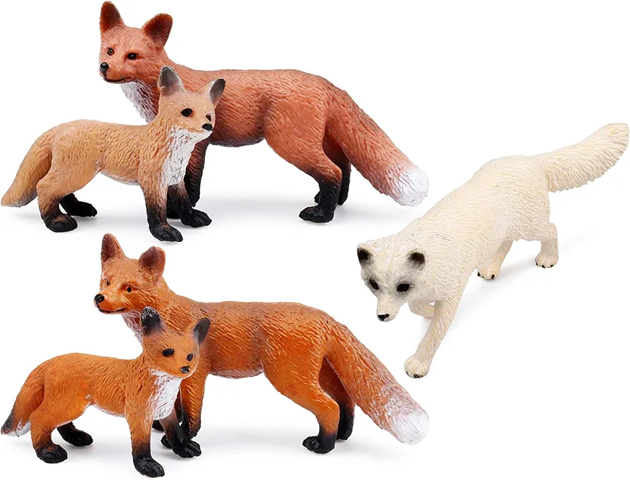 UANDME Fox Toy Figures Set Includes Arctic Fox & Red Foxes Figurines Cake Toppers (5 Foxes)