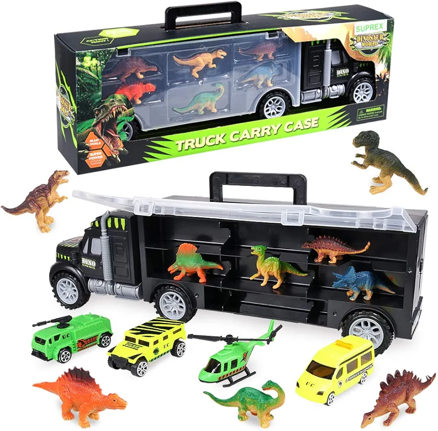 16 Inch Dinosaur Transport Truck Carrier Toy 14 Piece, 9 Educational Realistic Dinosaur Figures, 3 Matchbox Cars, 1 Helicopter, Dinosaur Toy for Boys, Gift for Kids Children Girls Ages 3+