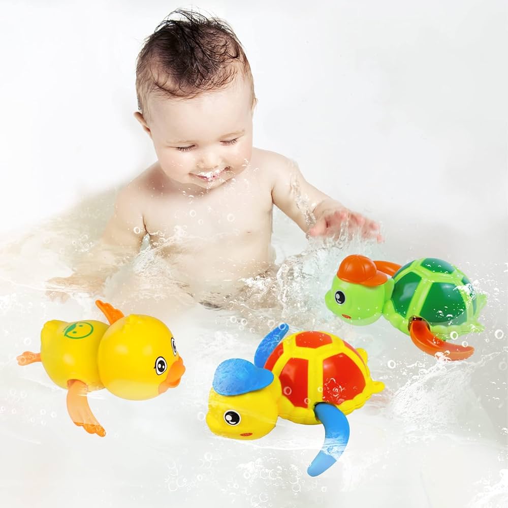 Baby Bath Toys, Floating Wind Up Swimming Turtle and Duck, Bathtub Toys, Pool Toys, Water Toys for Toddlers Boy Girl 3 Pack