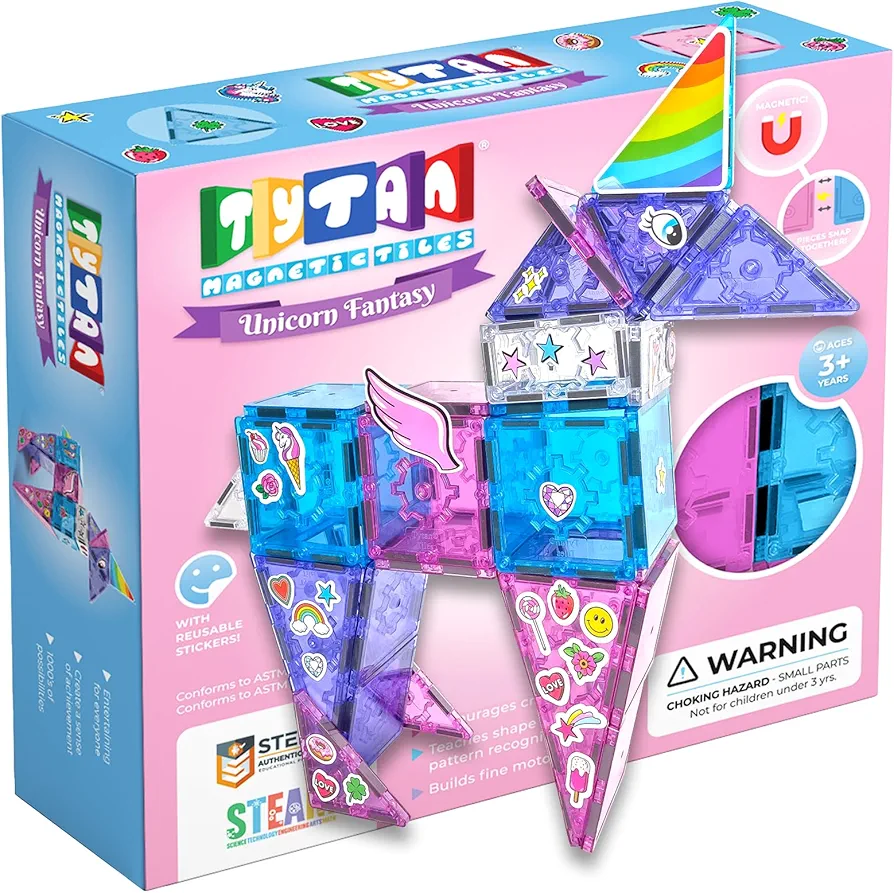 Tytan Tiles Ultimate Unicorn Magnetic Tiles Building Set, Adorable Kids’ STEM Toy, Creative Play, Shape & Pattern Recognition, Fine Motor Skills, Includes Storage Bag, Ages 3 and Up