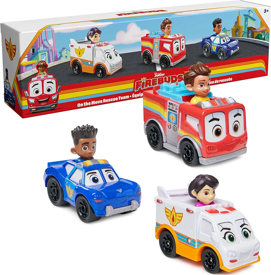 Disney Junior Firebuds, On The Move Rescue Team, 3 PK Diecast Metal Toy Car: Firetruck, Ambulance, and Police Car Kids Toys for Boys and Girls Ages 3+