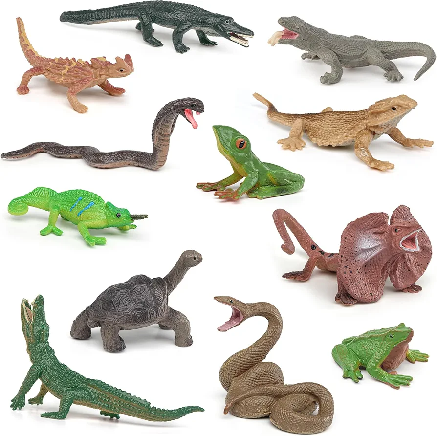 12PCS Mini Amphibians Set,Reptiles Animals Rainforest Wildlife Toy Set Lizard,Tortoise,Snake,Iguana,Tree Frog,Crocodile,Chameleon,Party Favor for Kids Toddlers