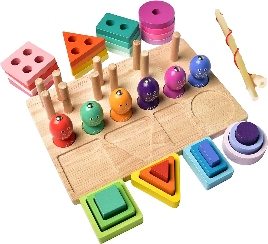 Montessori Toys for Toddlers, Shape Sorter, Wooden Stacking Blocks, Color Puzzle Pattern, Fine Motor Skills, 3-in-1 Toy for Preschool Boys & Girls